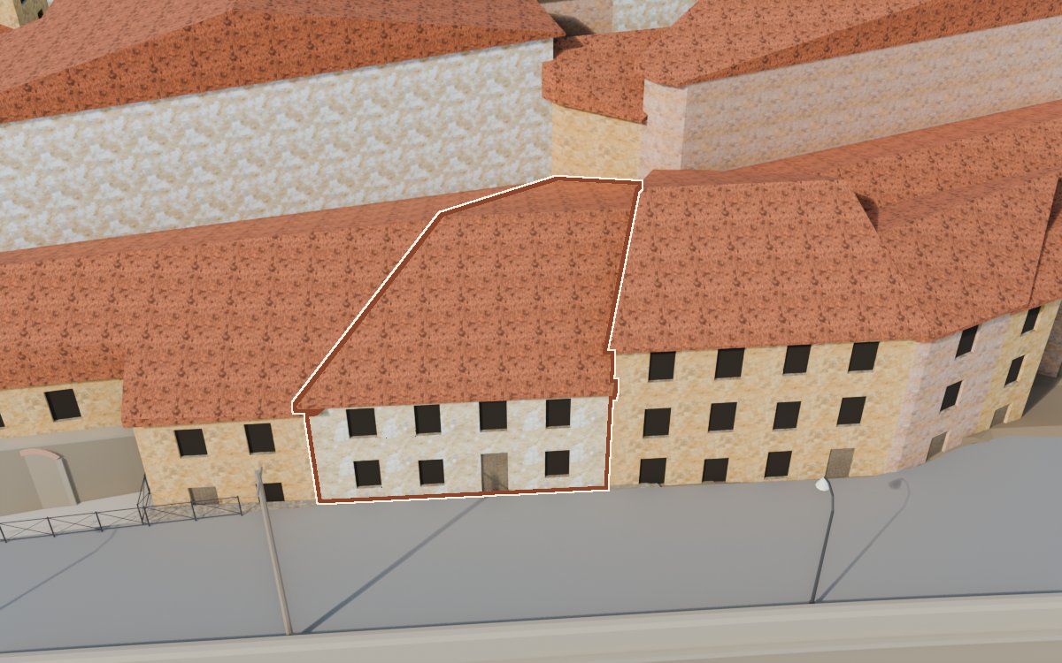 Casa de Lo Muro a la reconstrucció 3D, vista des del seu carrer, amb el contorn marcat de color teula entre les cases del voltant