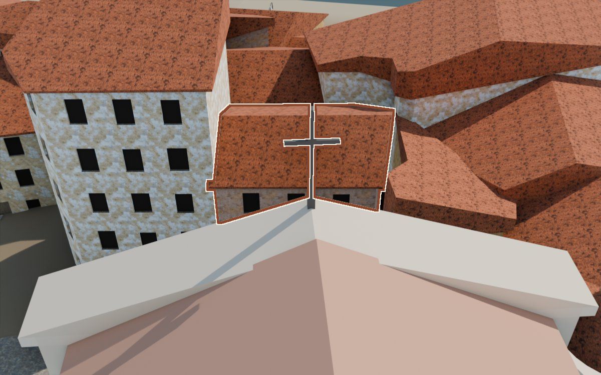 Casa de la Placeta Missa a la reconstrucció 3D, vista des del seu carrer, amb el contorn marcat de color teula entre les cases del voltant