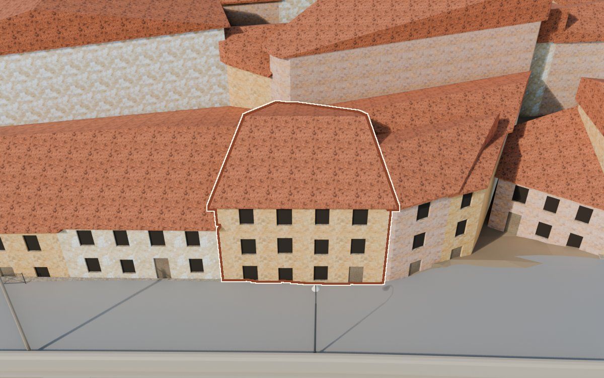 Casa de Lo Muro a la reconstrucció 3D, vista des del seu carrer, amb el contorn marcat de color teula entre les cases del voltant