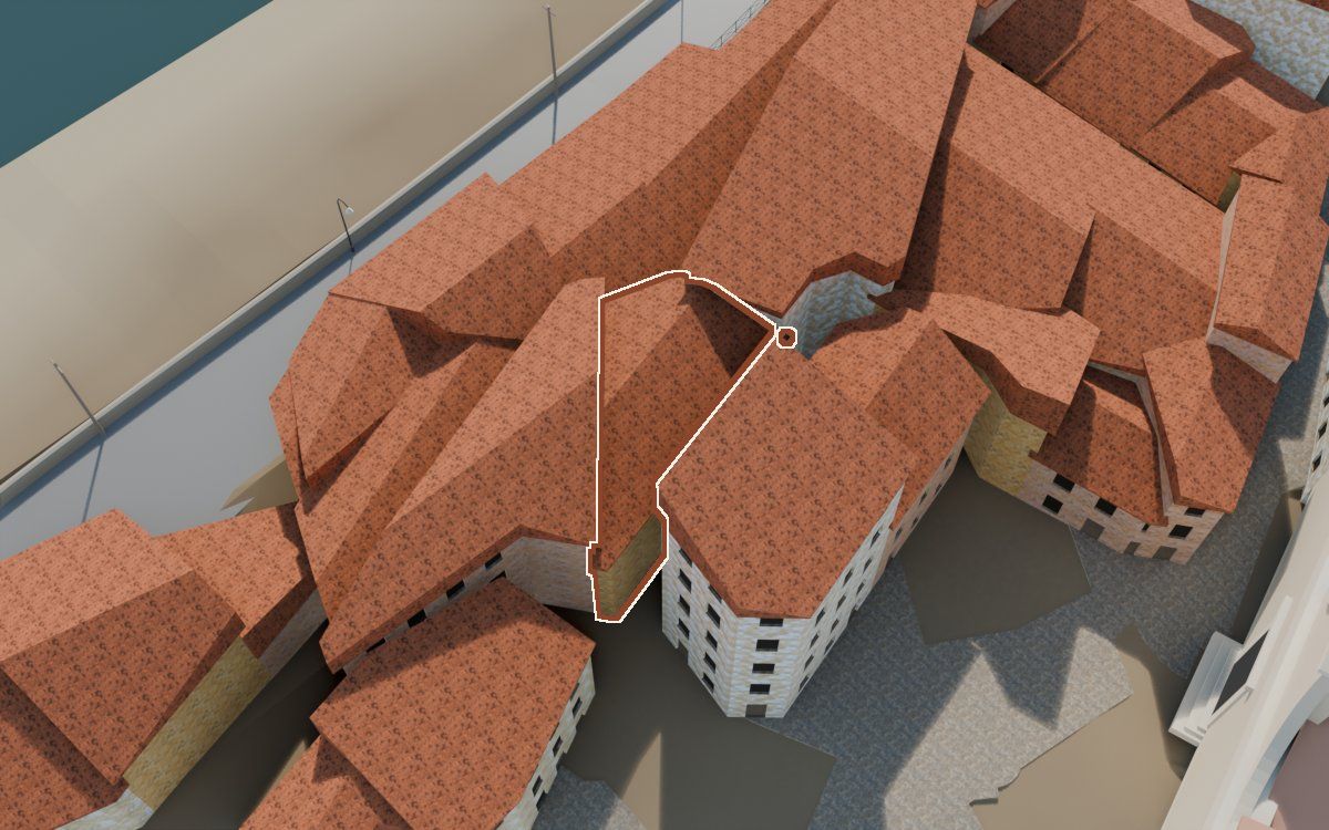 Casa de los Perxis de ca Freixes a la reconstrucció 3D, vista des del costat on millor es veu, amb el contorn marcat de color teula entre les cases del voltant
