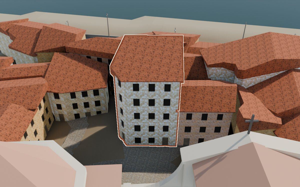 Casa de la Placeta Missa a la reconstrucció 3D, vista des del seu carrer, amb el contorn marcat de color teula entre les cases del voltant