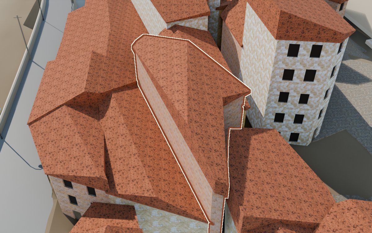 Casa de los Perxis de ca Freixes a la reconstrucció 3D, vista des del costat on millor es veu, amb el contorn marcat de color teula entre les cases del voltant