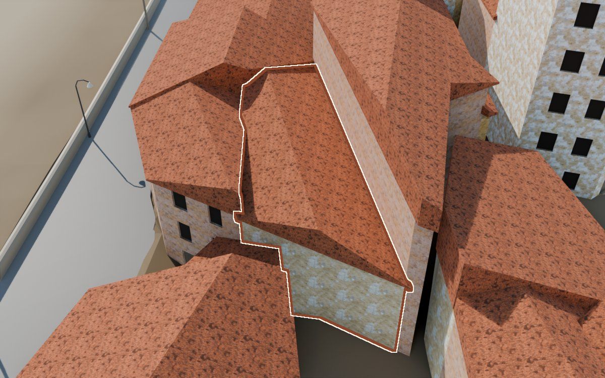 Casa cerca de Lo Muro a la reconstrucció 3D, vista des del costat on millor es veu, amb el contorn marcat de color teula entre les cases del voltant