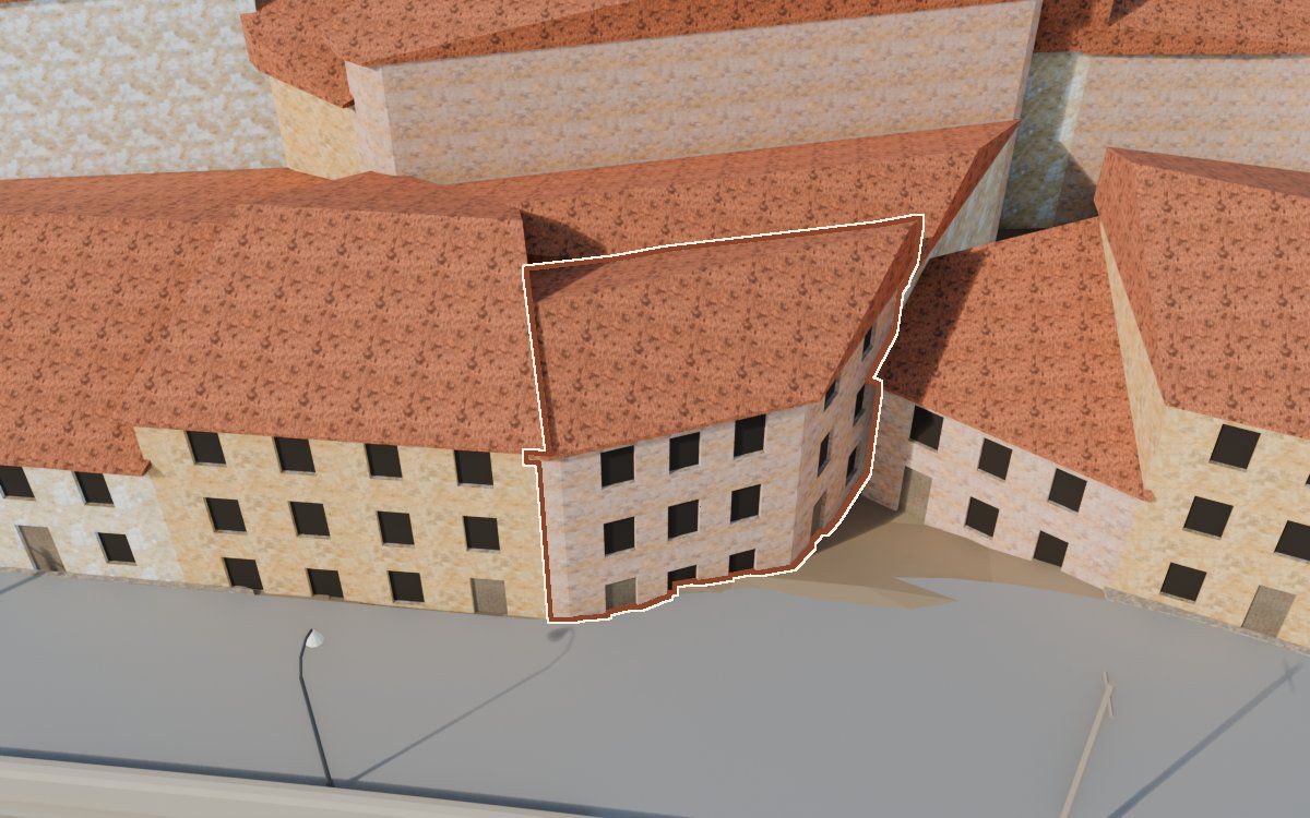 Casa de Lo Muro a la reconstrucció 3D, vista des del costat on millor es veu, amb el contorn marcat de color teula entre les cases del voltant