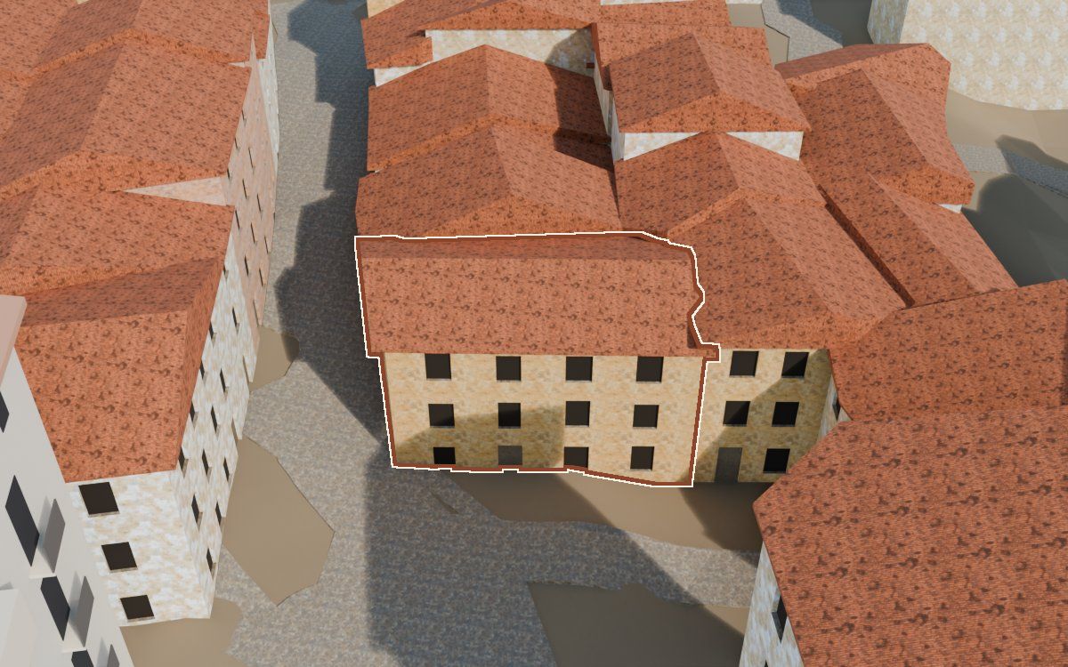 Casa de los Perxis de ca Freixes a la reconstrucció 3D, vista des del seu carrer, amb el contorn marcat de color teula entre les cases del voltant