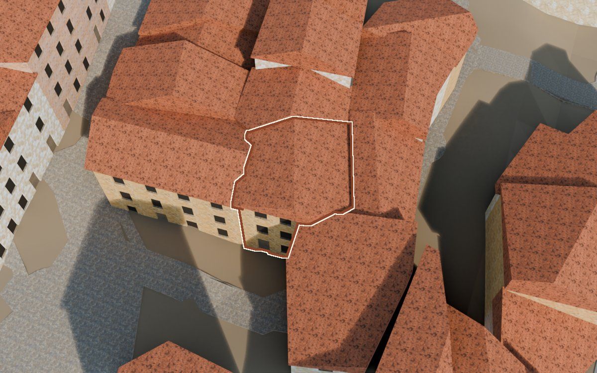 Casa de los Perxis de ca Freixes a la reconstrucció 3D, vista des del costat on millor es veu, amb el contorn marcat de color teula entre les cases del voltant