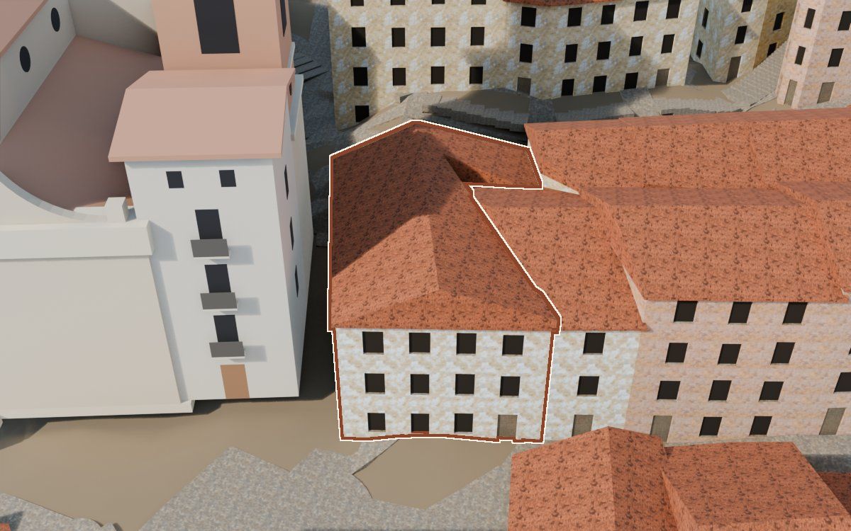 Manzana 23, n.º 5 a la reconstrucció 3D, vista des del seu carrer, amb el contorn marcat de color teula entre les cases del voltant