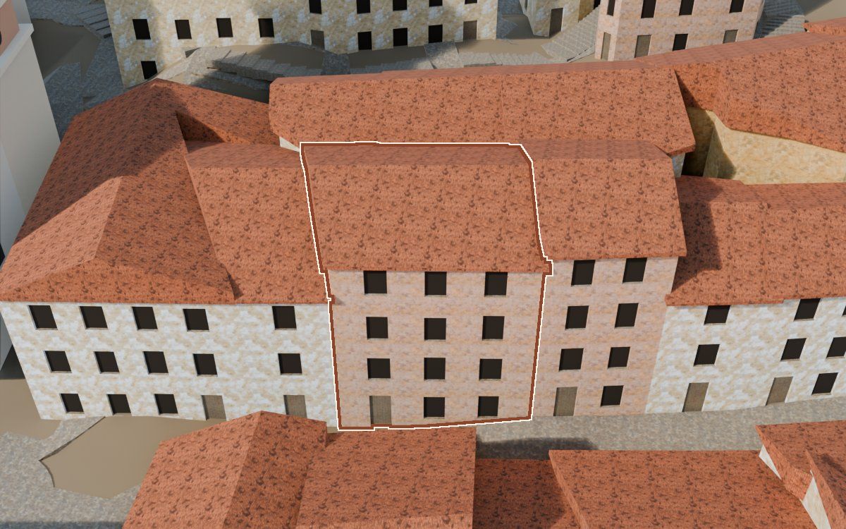 Manzana 23, n.º 20 a la reconstrucció 3D, vista des del seu carrer, amb el contorn marcat de color teula entre les cases del voltant