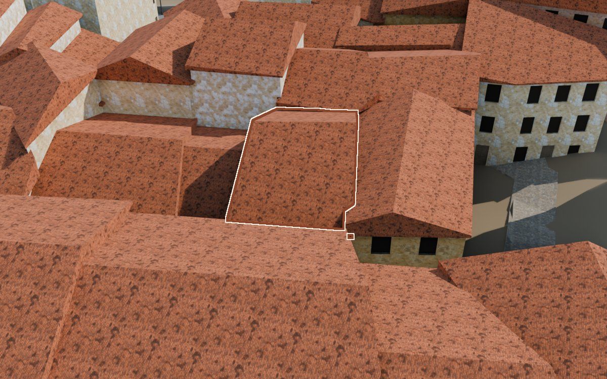 Casa del Carrer Major a la reconstrucció 3D, vista des del seu carrer, amb el contorn marcat de color teula entre les cases del voltant