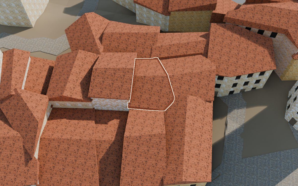 Casa de los Perxis de ca Freixes a la reconstrucció 3D, vista des del costat on millor es veu, amb el contorn marcat de color teula entre les cases del voltant