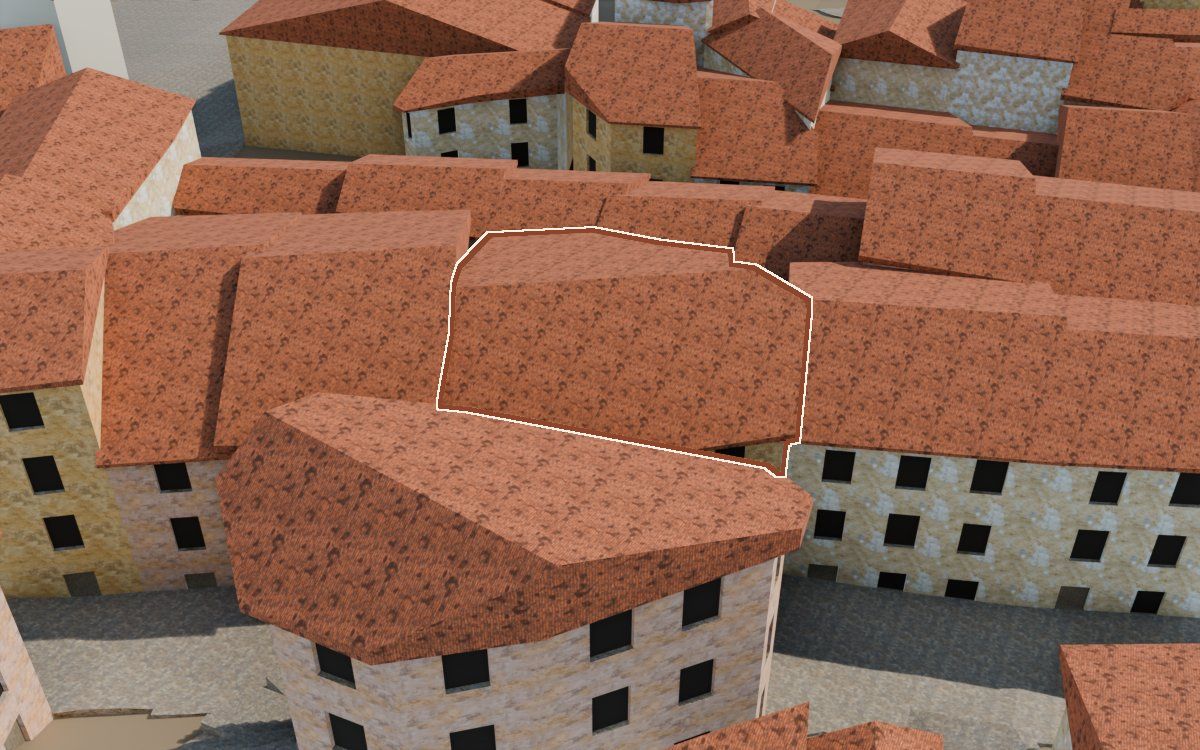 Manzana 23, n.º 8 a la reconstrucció 3D, vista des del seu carrer, amb el contorn marcat de color teula entre les cases del voltant