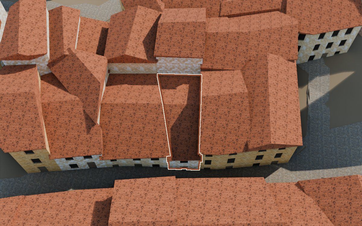 Casa del Carrer Major a la reconstrucció 3D, vista des del costat on millor es veu, amb el contorn marcat de color teula entre les cases del voltant