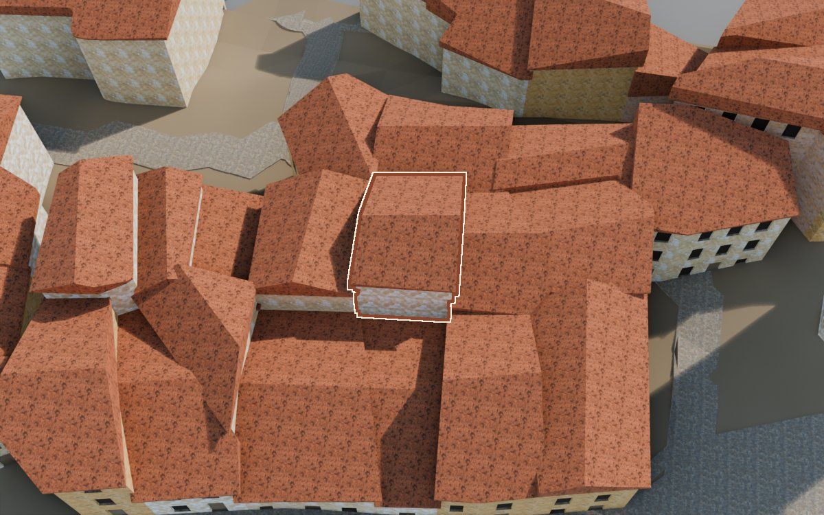Casa de los Perxis de ca Freixes a la reconstrucció 3D, vista des del costat on millor es veu, amb el contorn marcat de color teula entre les cases del voltant