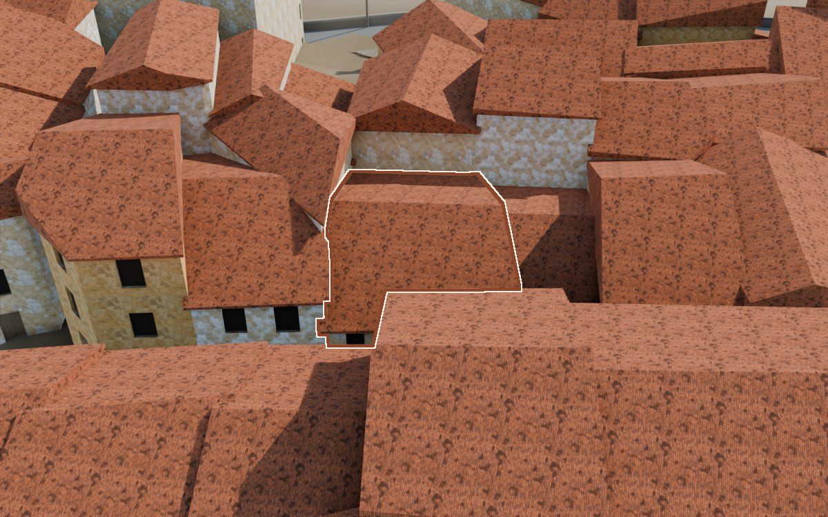 Casa del Carrer Major a la reconstrucció 3D, vista des del seu carrer, amb el contorn marcat de color teula entre les cases del voltant
