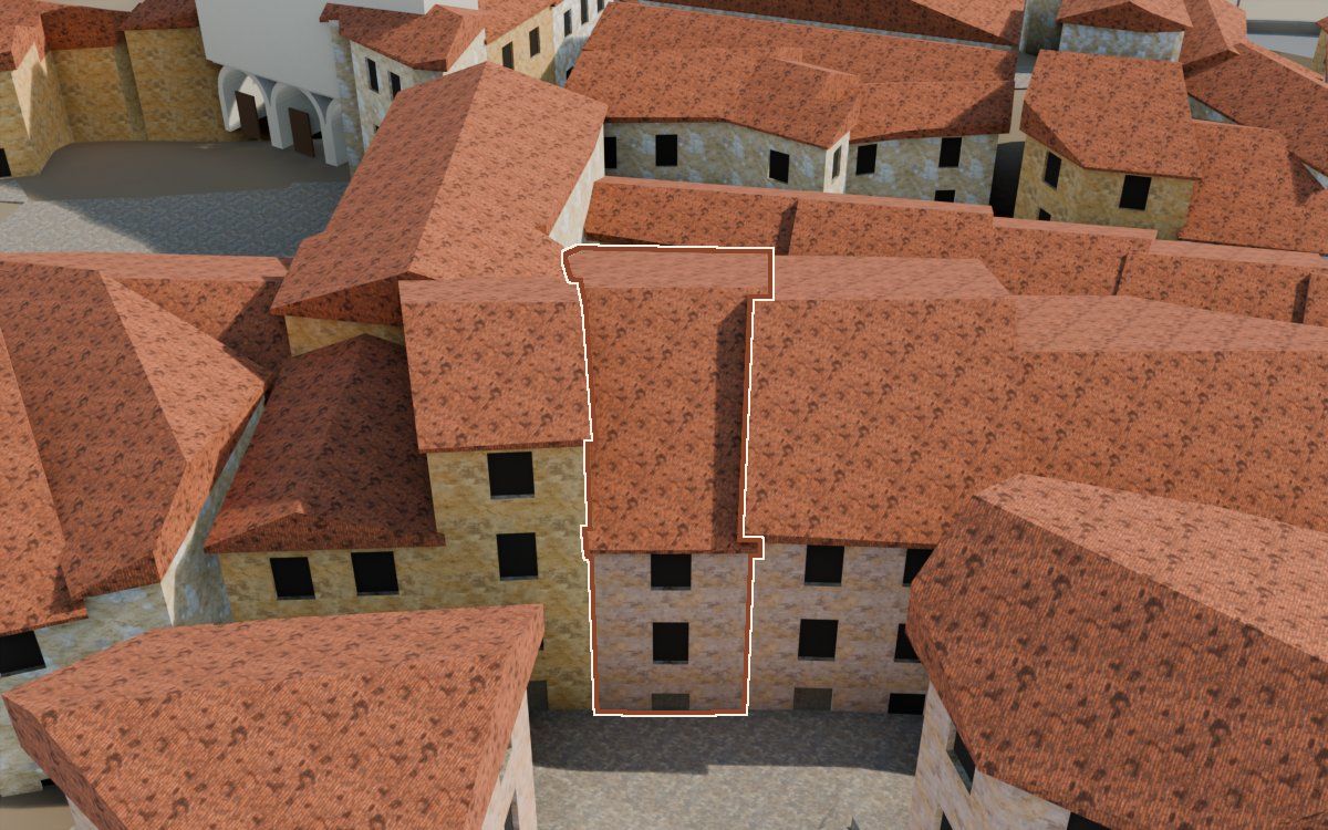 Manzana 23, n.º 10 a la reconstrucció 3D, vista des del seu carrer, amb el contorn marcat de color teula entre les cases del voltant