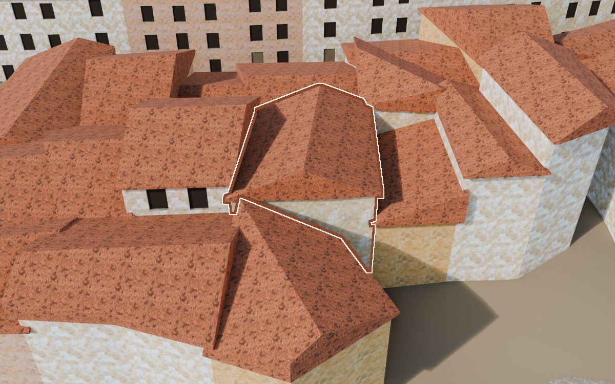 Casa del Carrer Barrinol a la reconstrucció 3D, vista des del seu carrer, amb el contorn marcat de color teula entre les cases del voltant