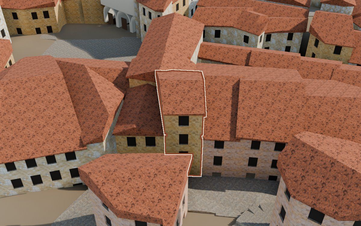 Manzana 23, n.º 2 a la reconstrucció 3D, vista des del seu carrer, amb el contorn marcat de color teula entre les cases del voltant