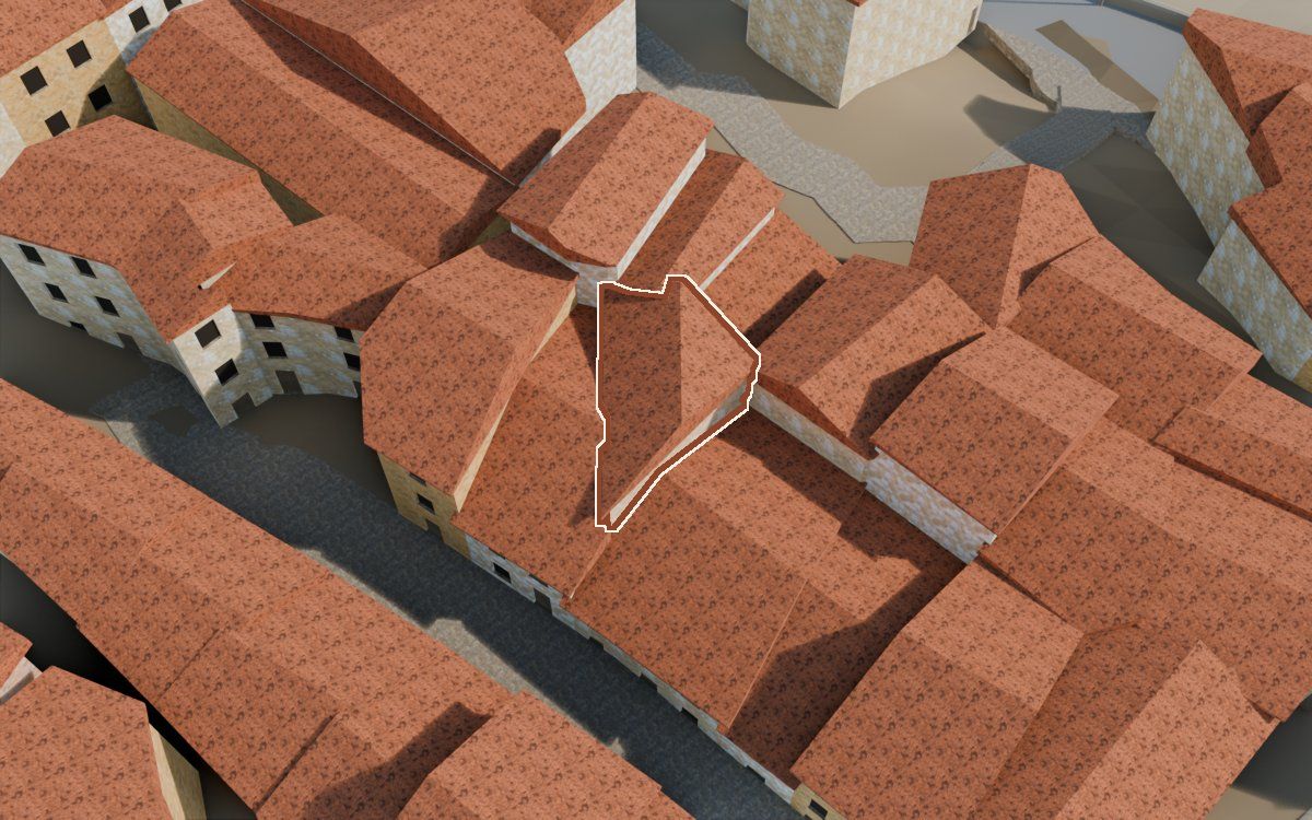 Casa cerca del Carrer Major a la reconstrucció 3D, vista des del costat on millor es veu, amb el contorn marcat de color teula entre les cases del voltant