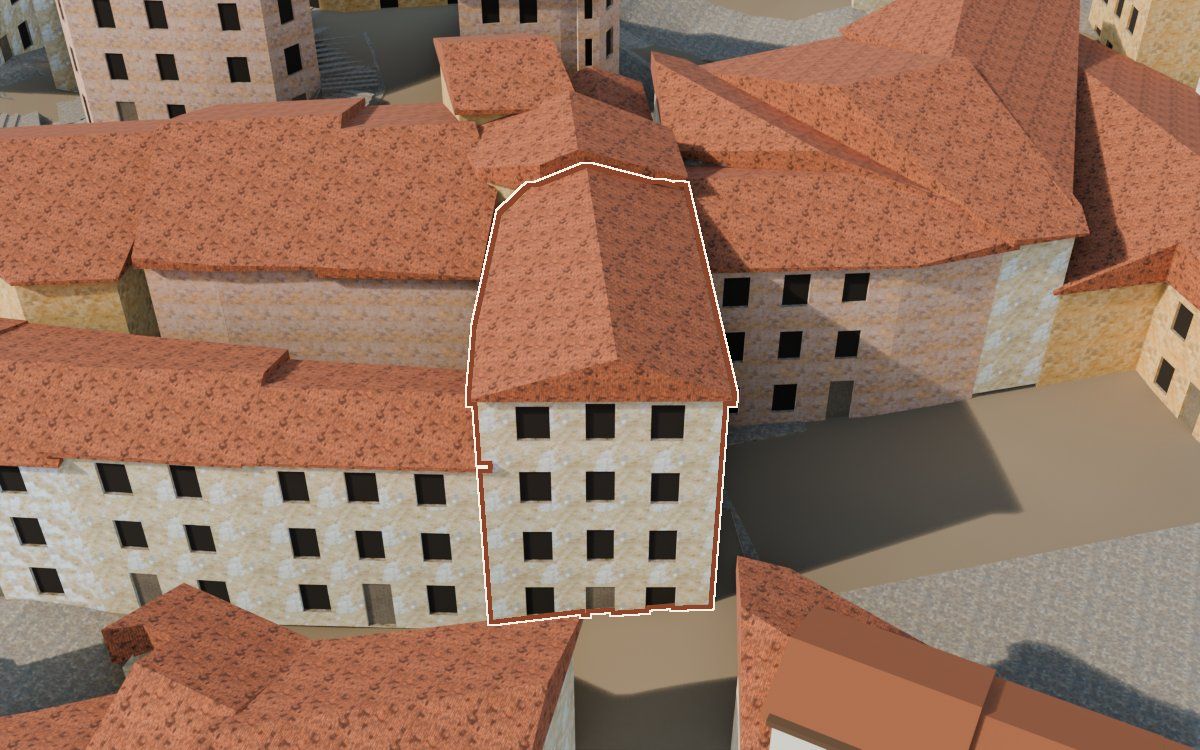 Manzana 23, n.º 13 a la reconstrucció 3D, vista des del seu carrer, amb el contorn marcat de color teula entre les cases del voltant