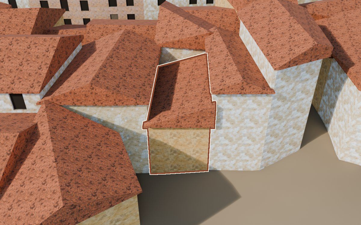 Casa del Carrer Barrinol a la reconstrucció 3D, vista des del seu carrer, amb el contorn marcat de color teula entre les cases del voltant