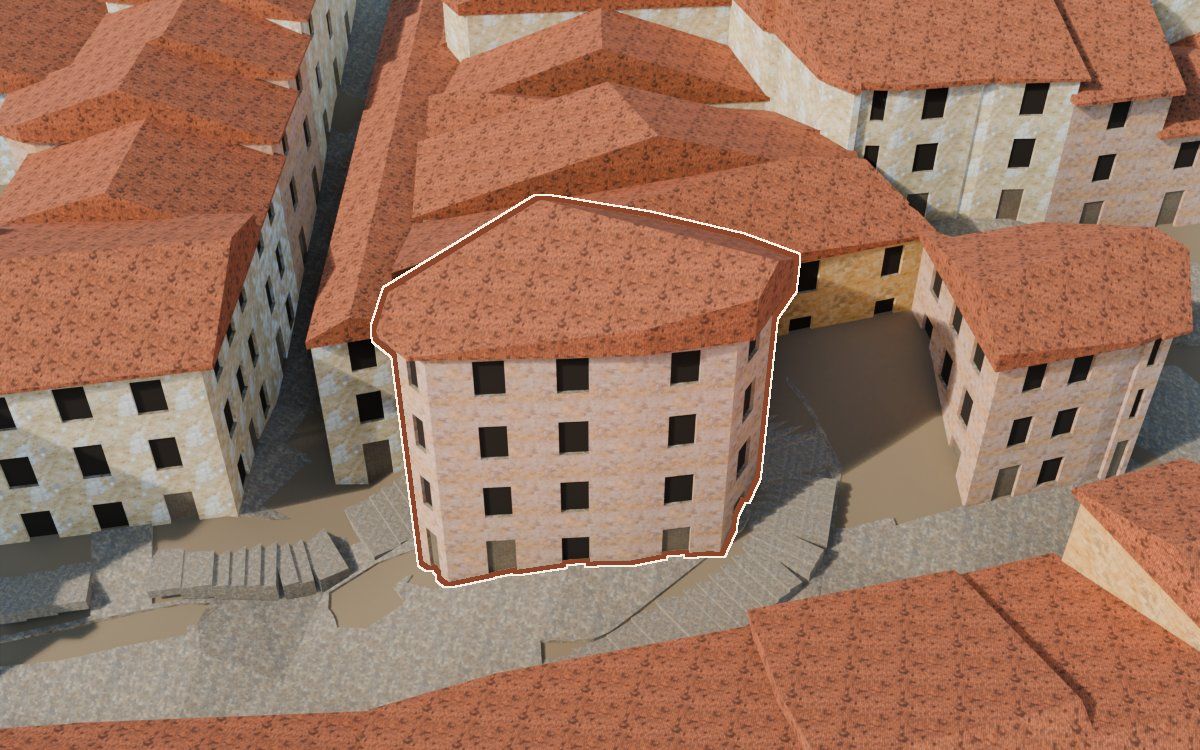 Manzana 33, parcela sin número leído a la reconstrucció 3D, vista des del seu carrer, amb el contorn marcat de color teula entre les cases del voltant