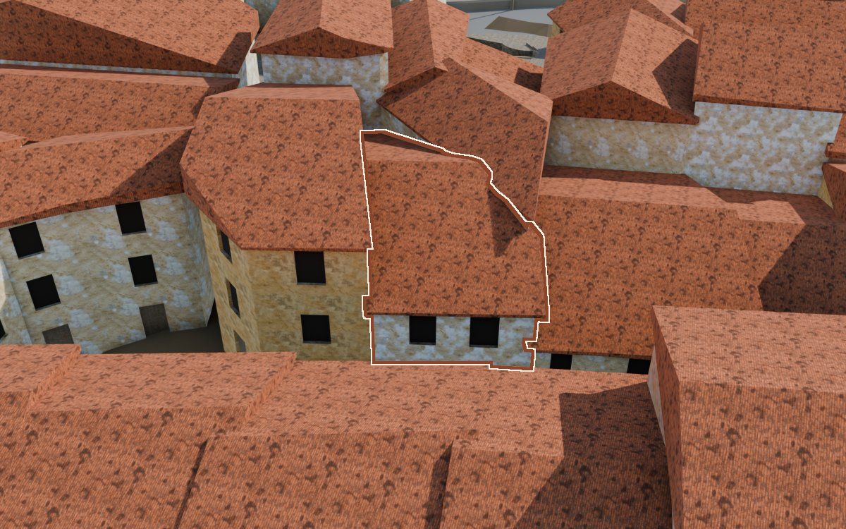 Casa del Carrer Major a la reconstrucció 3D, vista des del seu carrer, amb el contorn marcat de color teula entre les cases del voltant