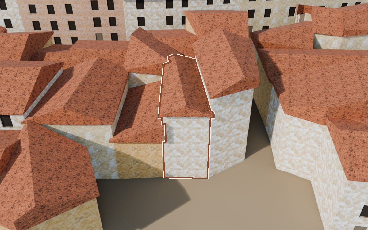 Casa del Carrer Barrinol a la reconstrucció 3D, vista des del seu carrer, amb el contorn marcat de color teula entre les cases del voltant