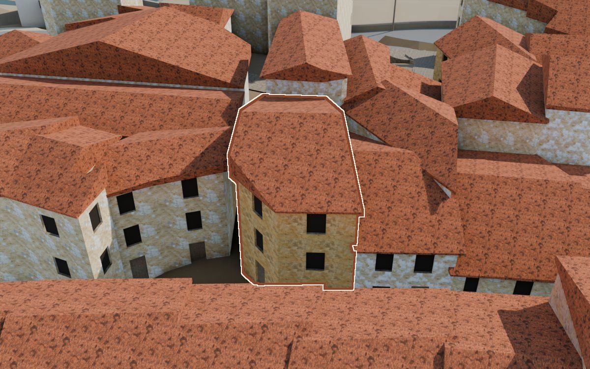 Casa del Carrer Major a la reconstrucció 3D, vista des del seu carrer, amb el contorn marcat de color teula entre les cases del voltant