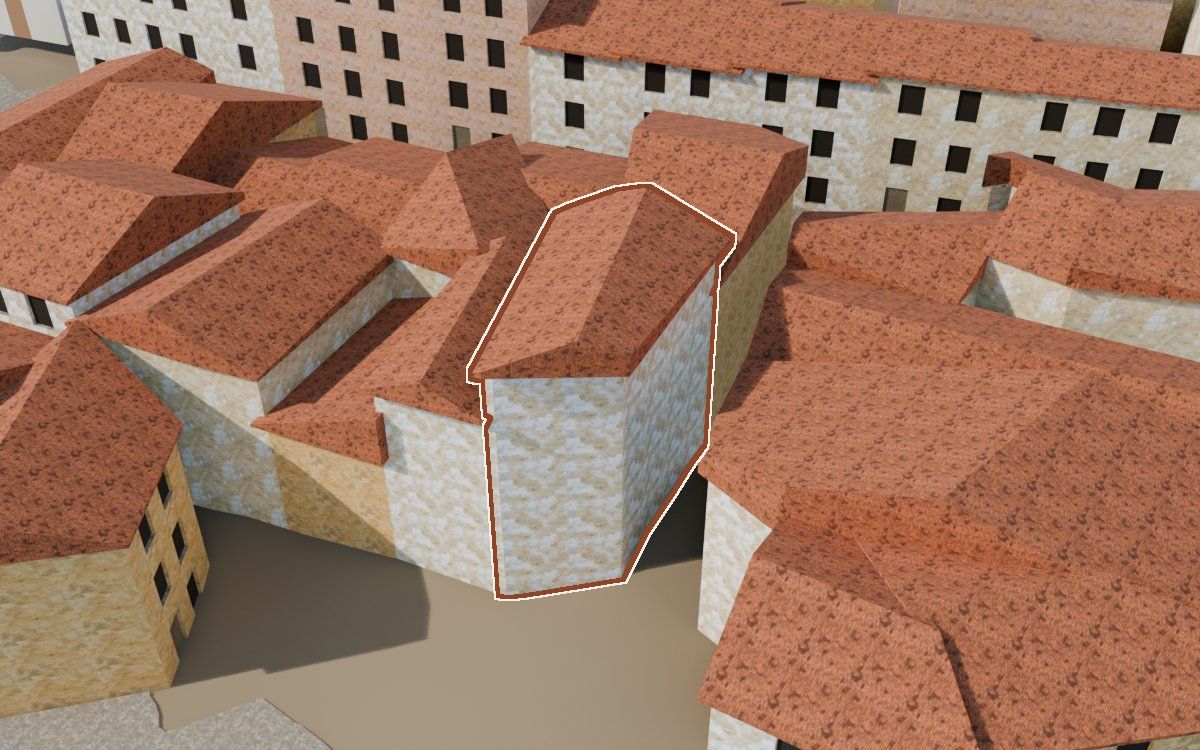 Casa del Carrer Barrinol a la reconstrucció 3D, vista des del seu carrer, amb el contorn marcat de color teula entre les cases del voltant