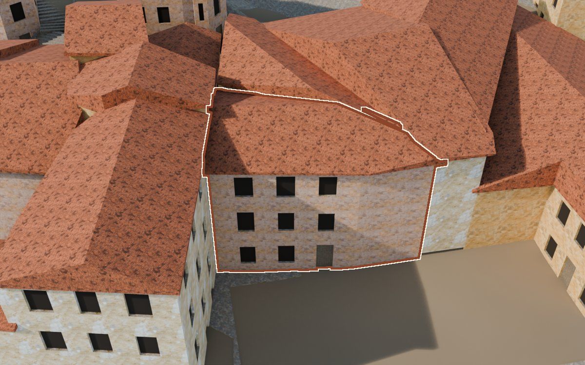 Casa del Carrer del Mig a la reconstrucció 3D, vista des del seu carrer, amb el contorn marcat de color teula entre les cases del voltant
