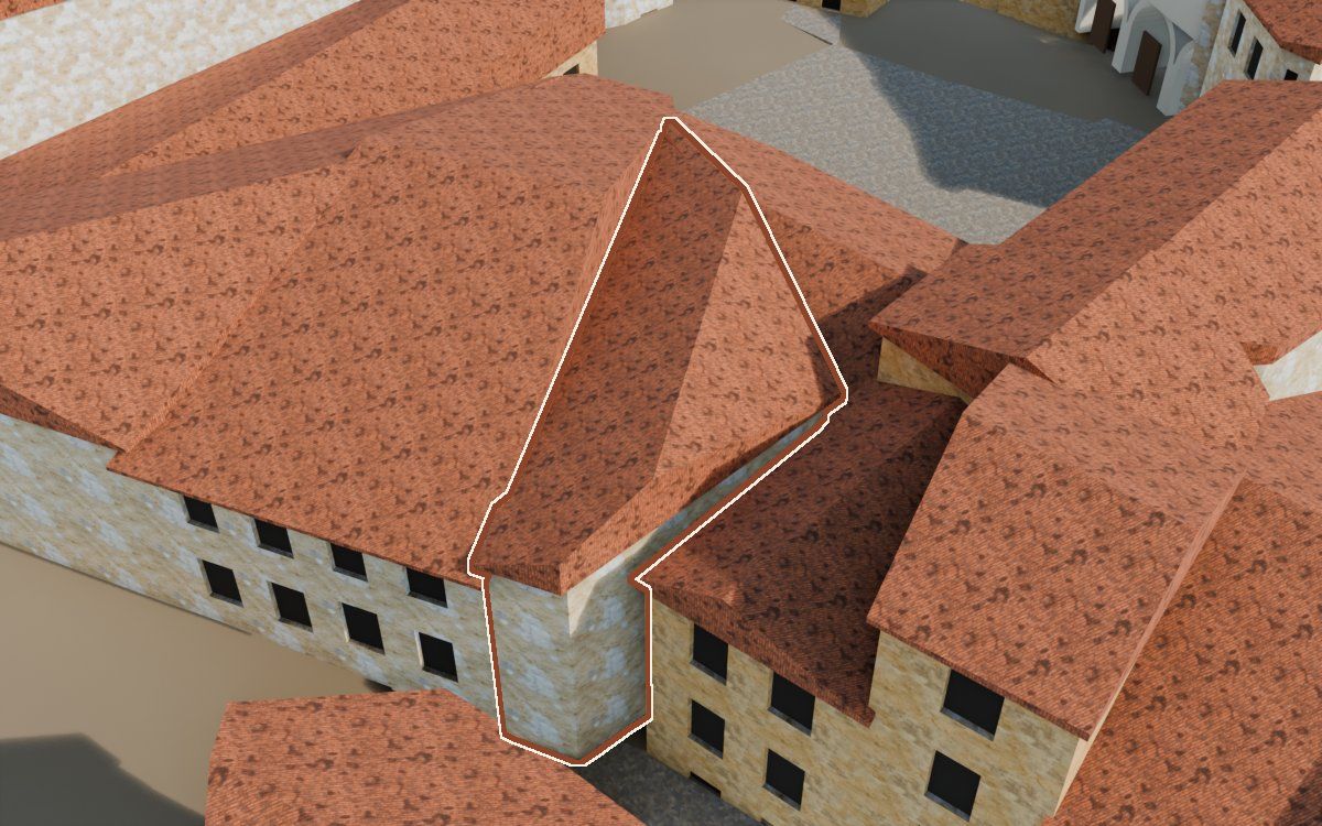 Casa cerca del Carrer del Mig a la reconstrucció 3D, vista des del costat on millor es veu, amb el contorn marcat de color teula entre les cases del voltant