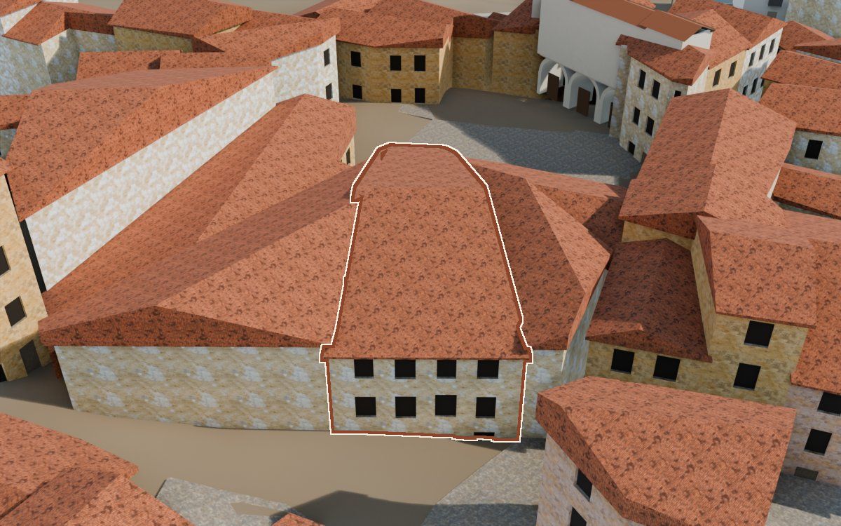 Casa del Carrer de la Novilla a la reconstrucció 3D, vista des del seu carrer, amb el contorn marcat de color teula entre les cases del voltant