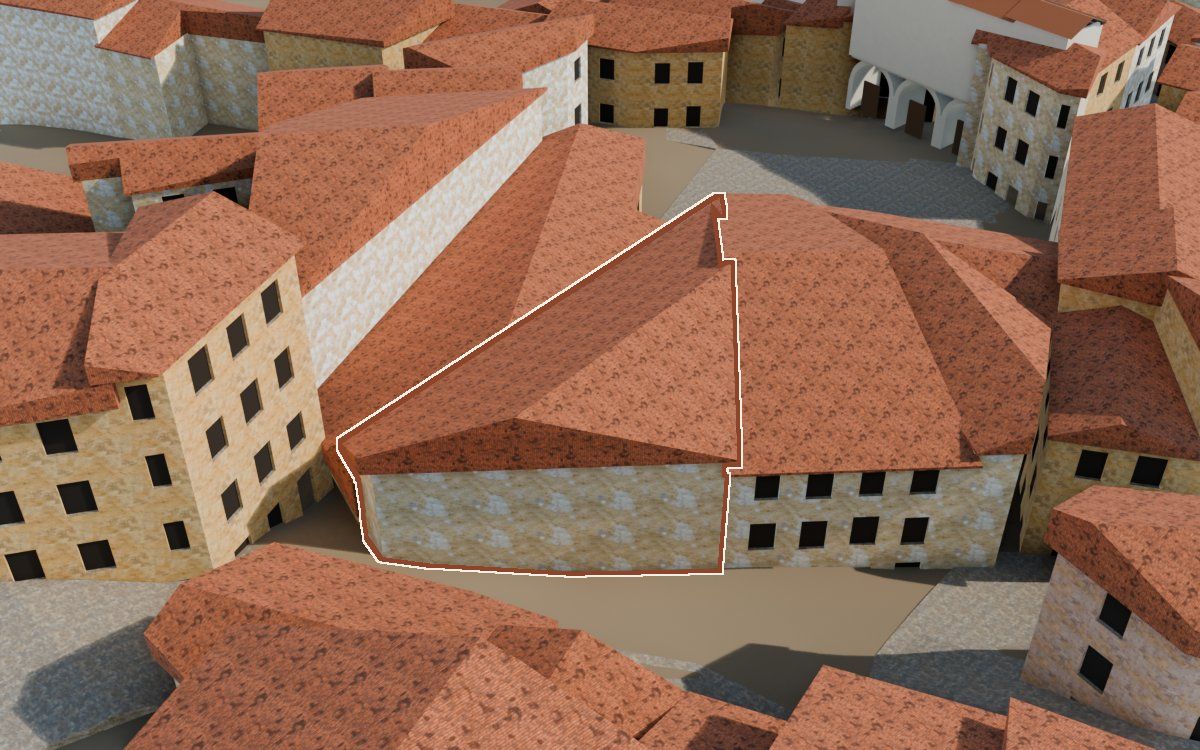 Casa cerca del Carrer Saragossa a la reconstrucció 3D, vista des del seu carrer, amb el contorn marcat de color teula entre les cases del voltant