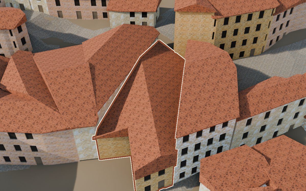 Casa del Carrer de la Puríssima a la reconstrucció 3D, vista des del costat on millor es veu, amb el contorn marcat de color teula entre les cases del voltant