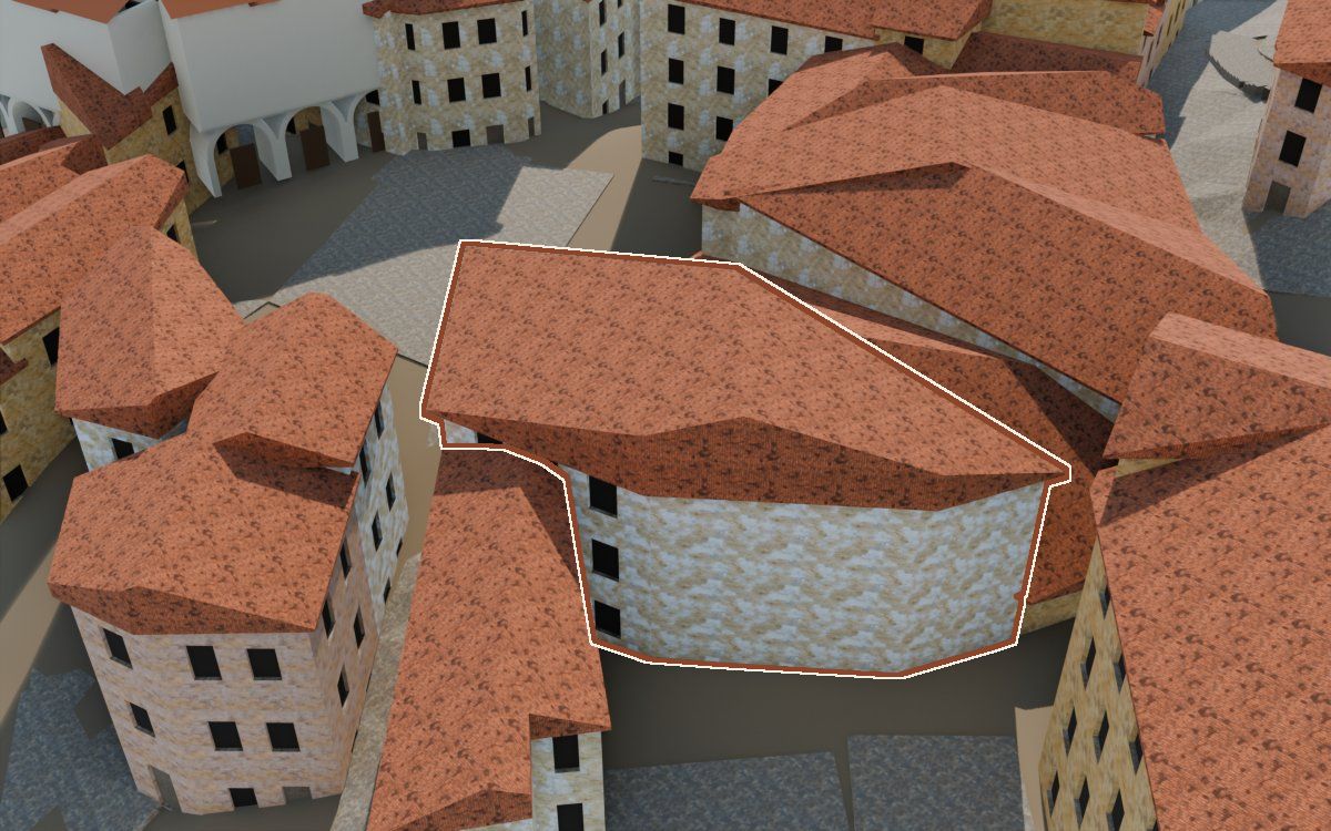 Casa del Carrer de la Puríssima a la reconstrucció 3D, vista des del seu carrer, amb el contorn marcat de color teula entre les cases del voltant