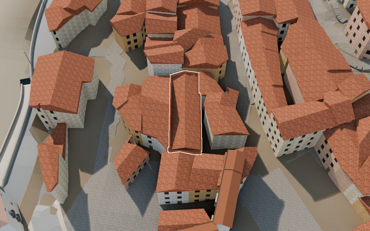 Casa de la Plaça de Ca la Vila a la reconstrucció 3D, vista des del costat on millor es veu, amb el contorn marcat de color teula entre les cases del voltant