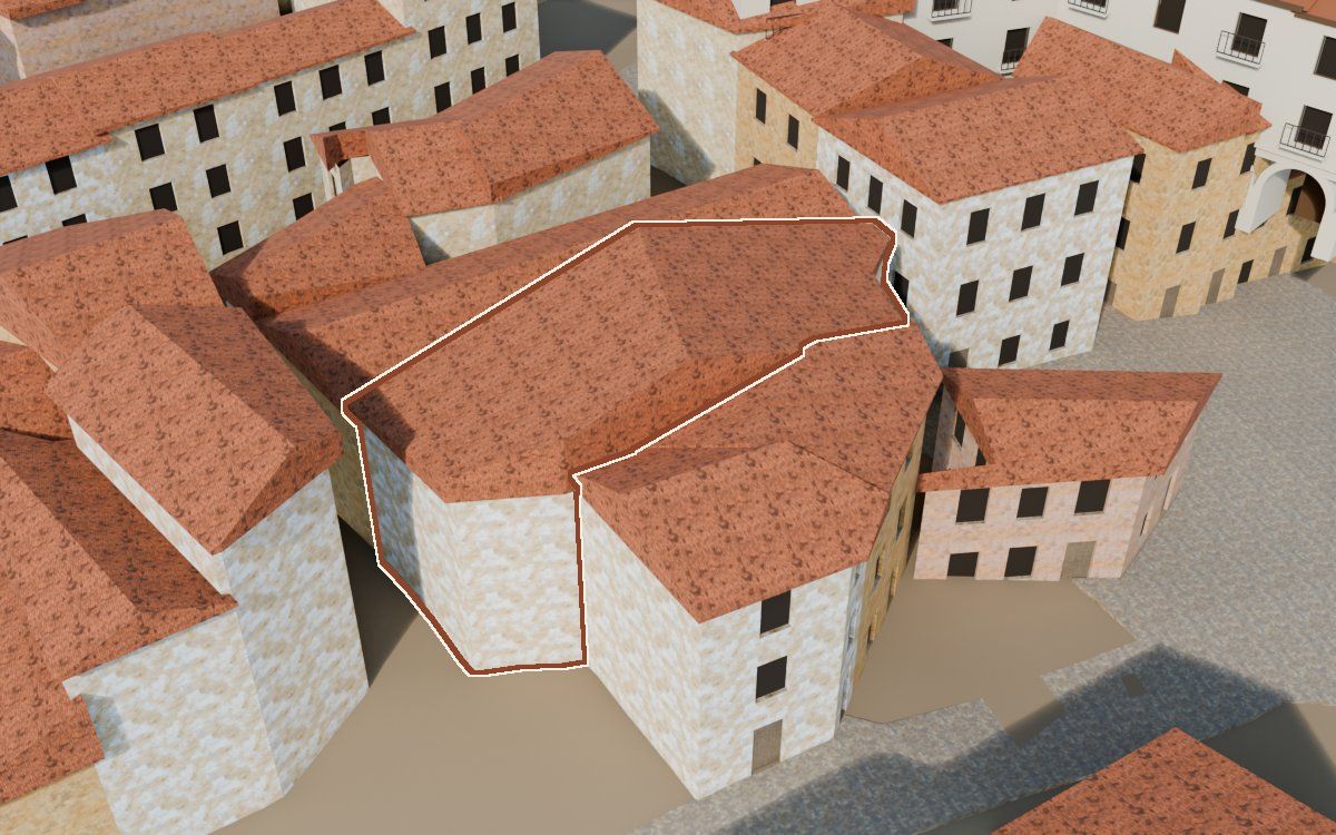 Casa del Carrer Barrinol a la reconstrucció 3D, vista des del seu carrer, amb el contorn marcat de color teula entre les cases del voltant