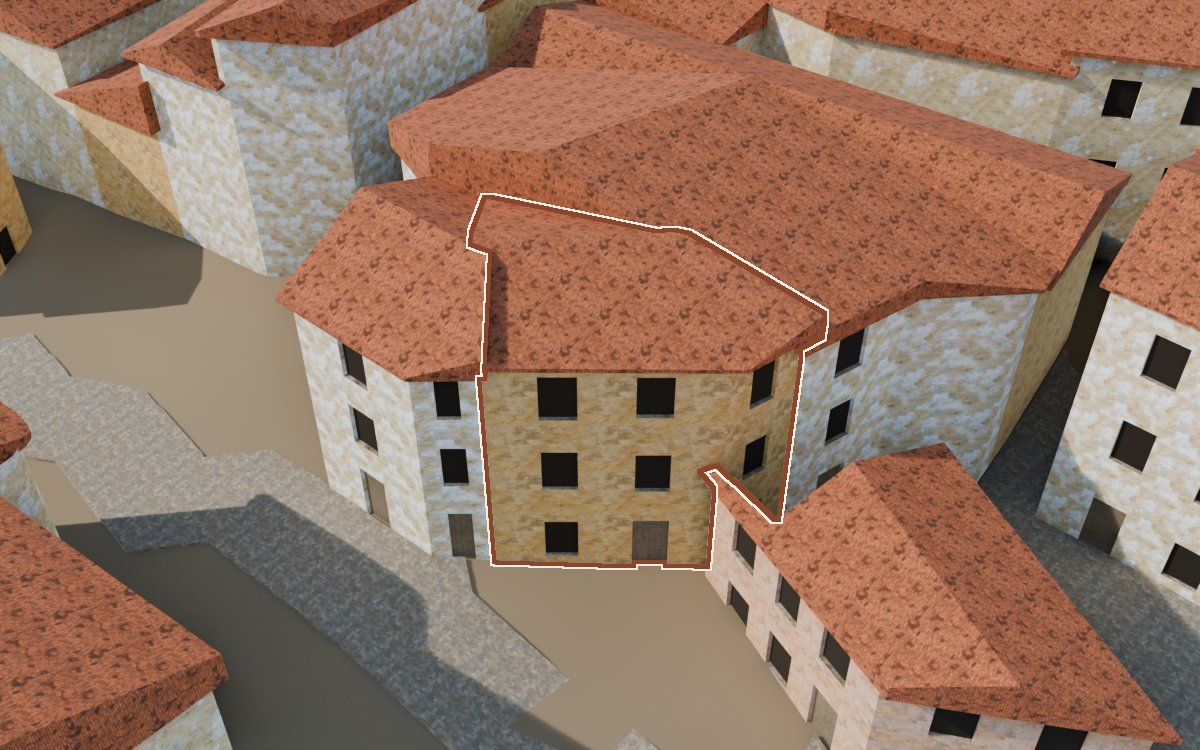 Casa del Carrer Barrinol a la reconstrucció 3D, vista des del costat on millor es veu, amb el contorn marcat de color teula entre les cases del voltant
