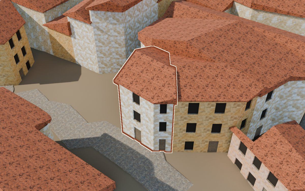 Casa del Carrer Barrinol a la reconstrucció 3D, vista des del costat on millor es veu, amb el contorn marcat de color teula entre les cases del voltant