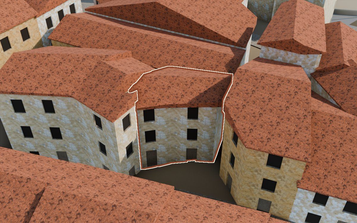 Casa del Carrer Major a la reconstrucció 3D, vista des del seu carrer, amb el contorn marcat de color teula entre les cases del voltant