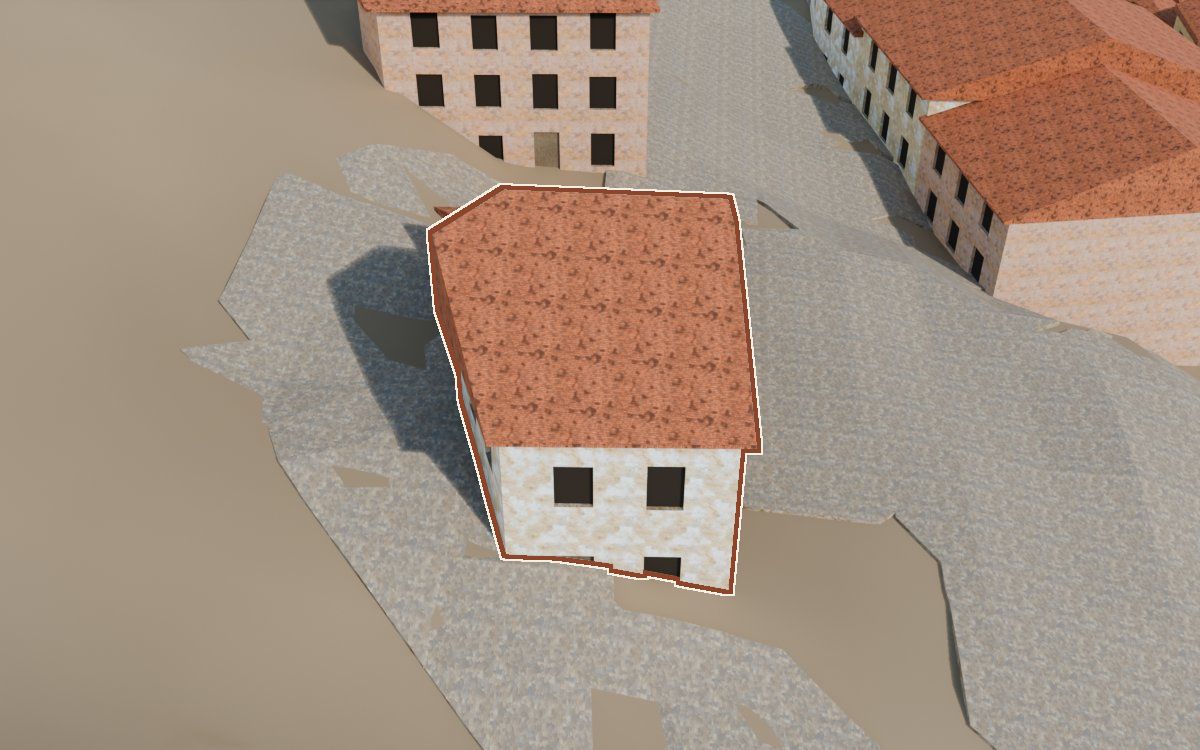 Casa cerca de la Calle Conejos a la reconstrucció 3D, vista des del seu carrer, amb el contorn marcat de color teula entre les cases del voltant