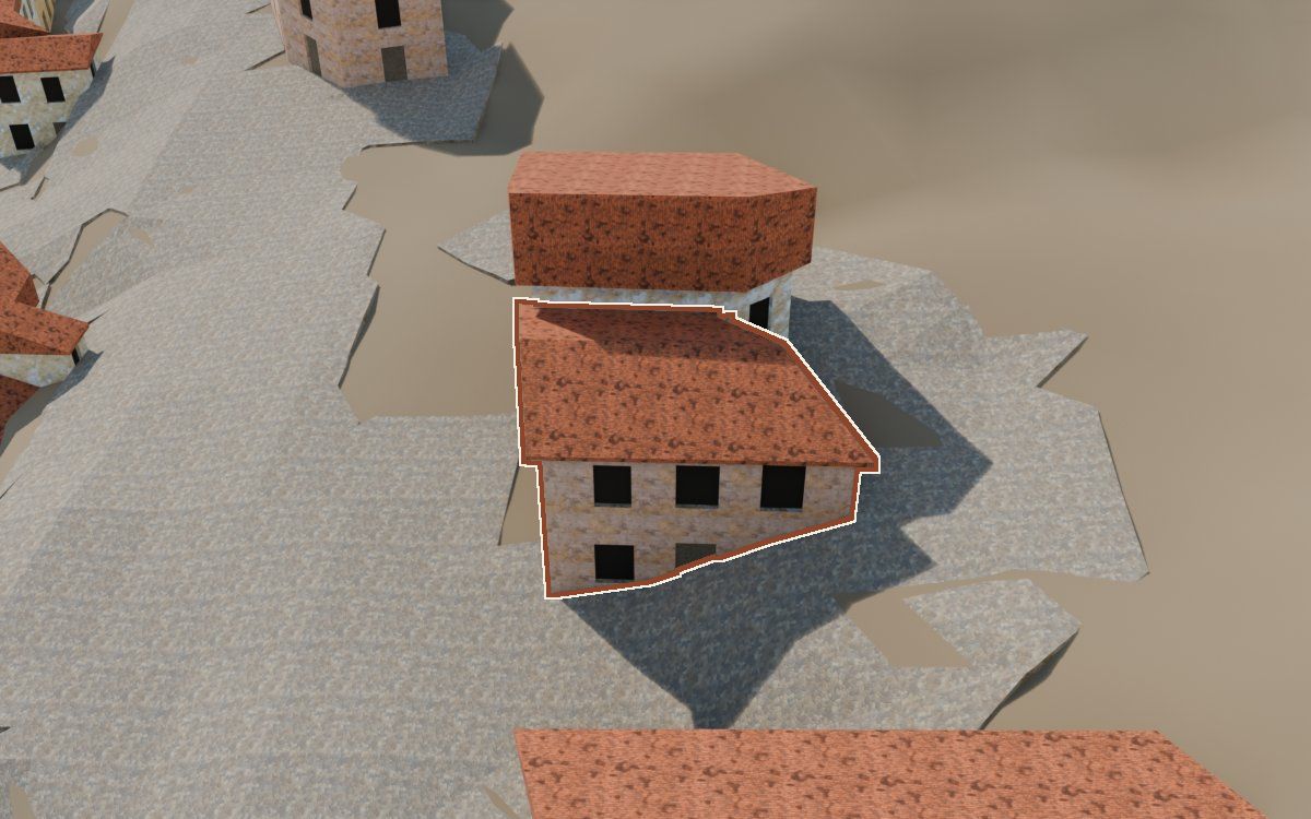 Casa de la Calle Conejos a la reconstrucció 3D, vista des del seu carrer, amb el contorn marcat de color teula entre les cases del voltant