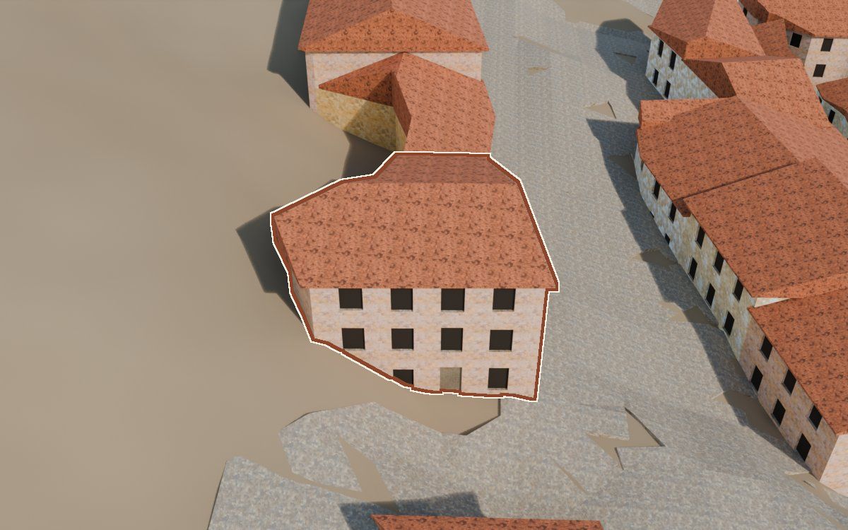 Casa cerca de la Calle Conejos a la reconstrucció 3D, vista des del seu carrer, amb el contorn marcat de color teula entre les cases del voltant