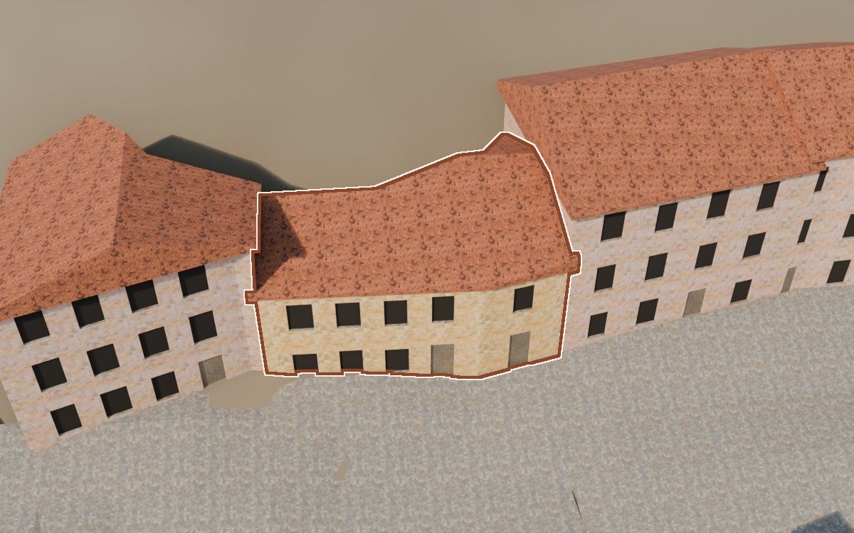 Casa cerca del Carrer de Santa Agatòquia a la reconstrucció 3D, vista des del seu carrer, amb el contorn marcat de color teula entre les cases del voltant
