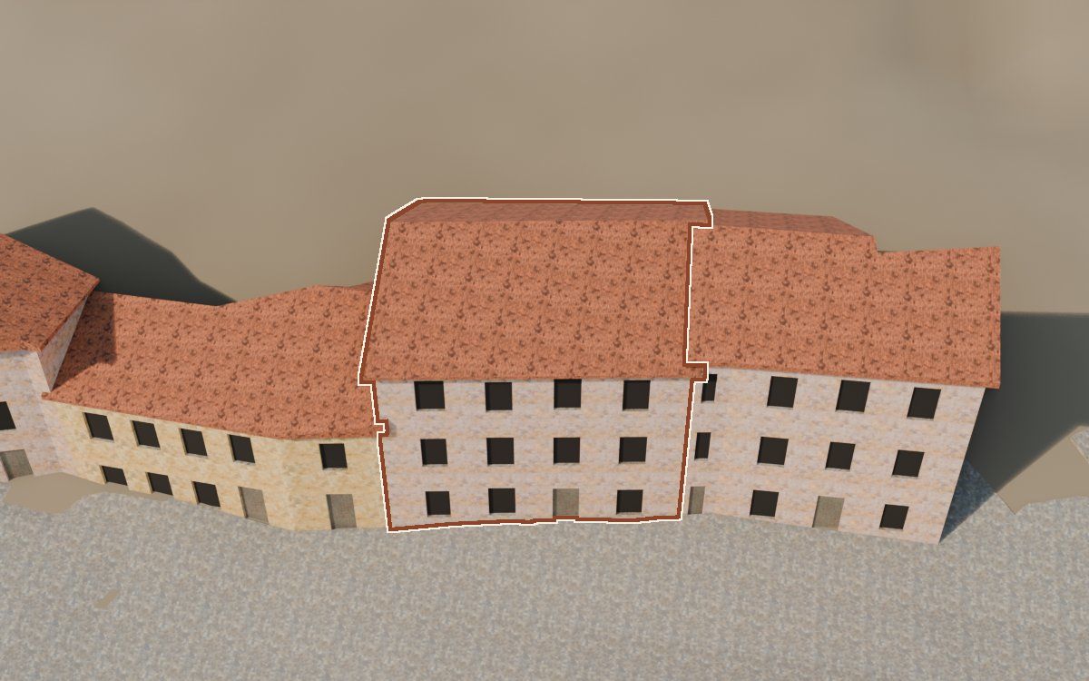 Casa cerca del Carrer de Santa Agatòquia a la reconstrucció 3D, vista des del seu carrer, amb el contorn marcat de color teula entre les cases del voltant