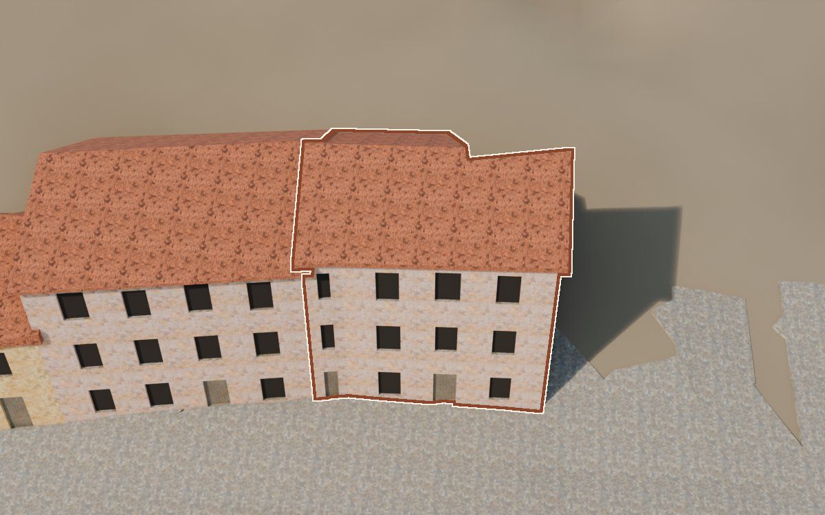 Casa cerca del Carrer la Morera a la reconstrucció 3D, vista des del seu carrer, amb el contorn marcat de color teula entre les cases del voltant