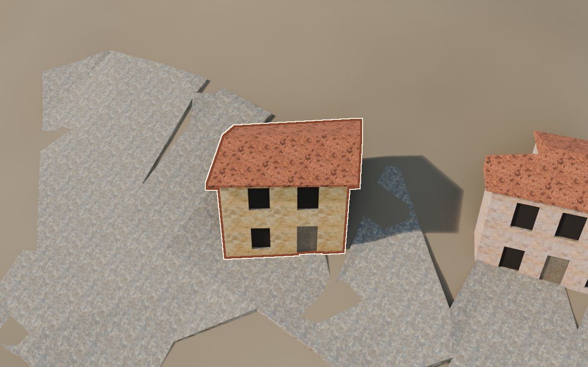 Casa del Carrer de Santa Agatòquia a la reconstrucció 3D, vista des del seu carrer, amb el contorn marcat de color teula entre les cases del voltant