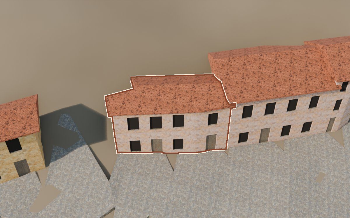 Casa del Carrer de Santa Agatòquia a la reconstrucció 3D, vista des del seu carrer, amb el contorn marcat de color teula entre les cases del voltant