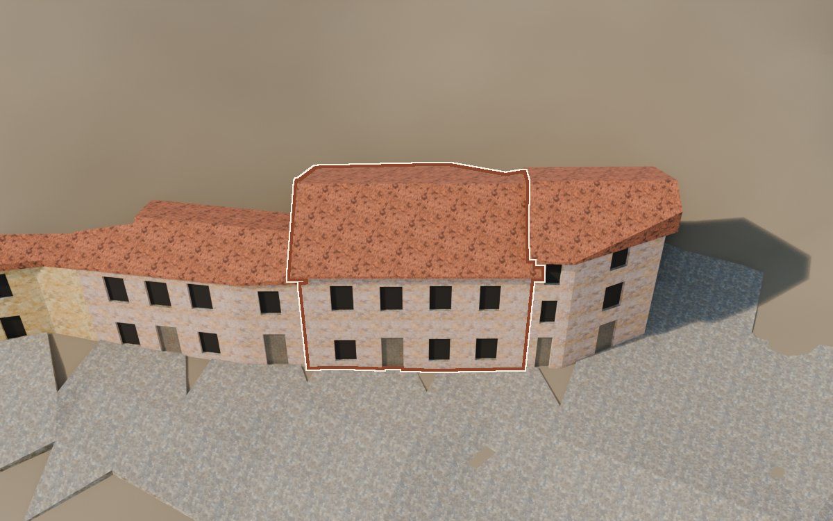 Casa del Carrer de Santa Agatòquia a la reconstrucció 3D, vista des del seu carrer, amb el contorn marcat de color teula entre les cases del voltant