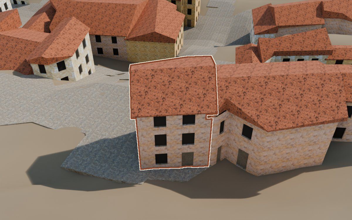 Casa del Carrer del Barranc a la reconstrucció 3D, vista des del costat on millor es veu, amb el contorn marcat de color teula entre les cases del voltant